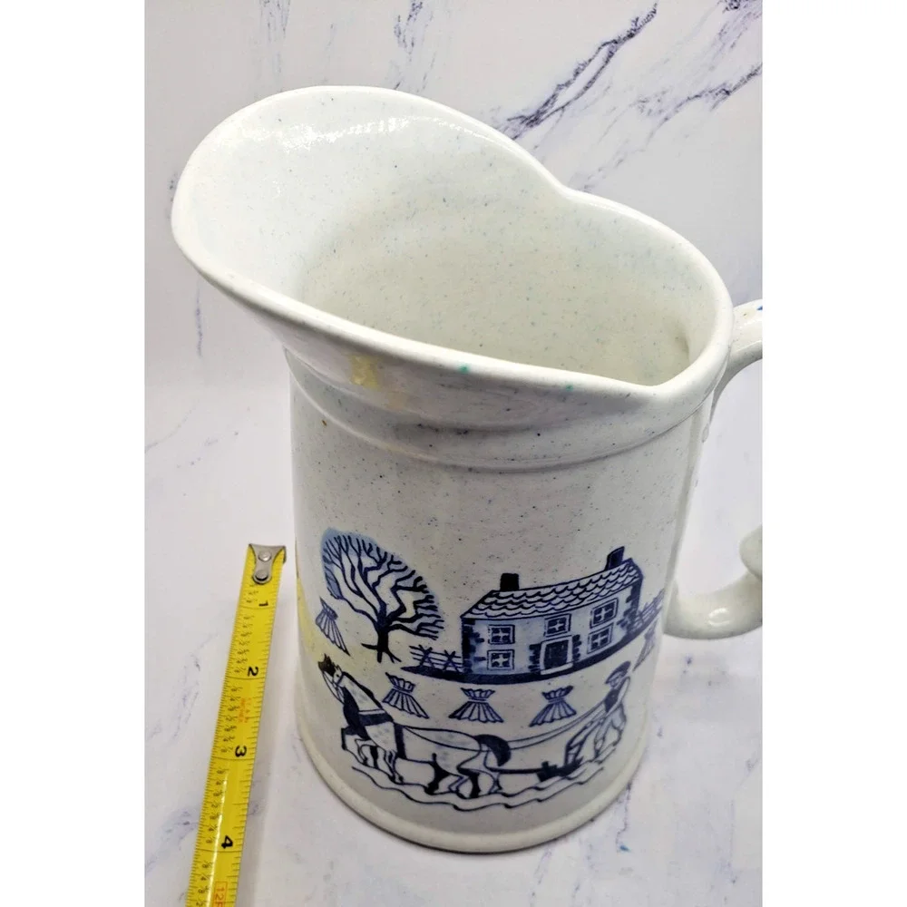 Vintage White Ceramic Plow Scene Speckle Homestead Provincial Poppytrail Pitcher